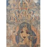 An early 19th century Tibetan Thanka showing a central dancing deity surrounded by a host of further