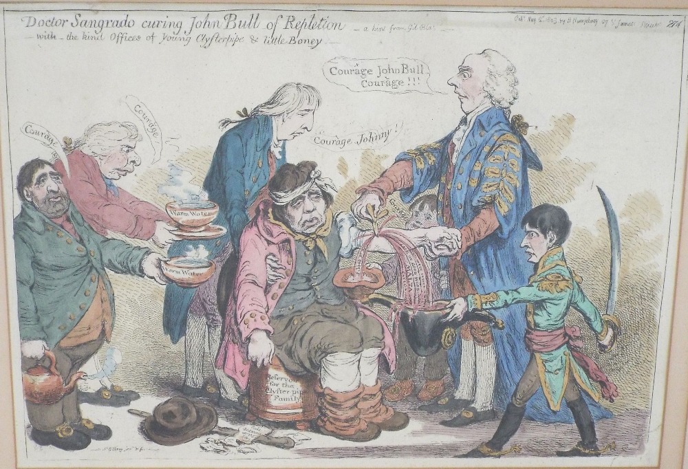James Gillray (British 1756-1815) - Doctor Sangrado, Curing John Bull of Repletion, coloured etching