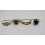 Four 9ct diamond set rings comprising an Art Deco style example, a half hoop example and two