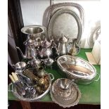 A collection of silver plated items to include a gallery tray, compania wine urn, teawares,