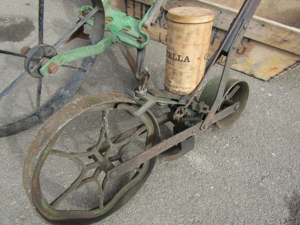 A vintage Planet Junior push hoe, with ashwood handle, together with a seed drill with two spoke - Image 2 of 4