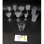 A large collection of hobnail cut glass ware to include various wine glasses, tumblers,