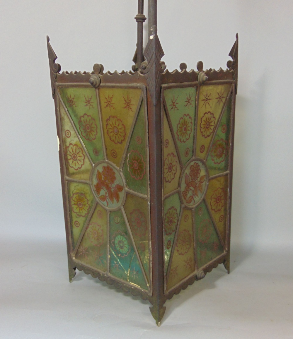 A Victorian brass framed hall lantern of square cut form with original painted leaded light panels - Image 2 of 4