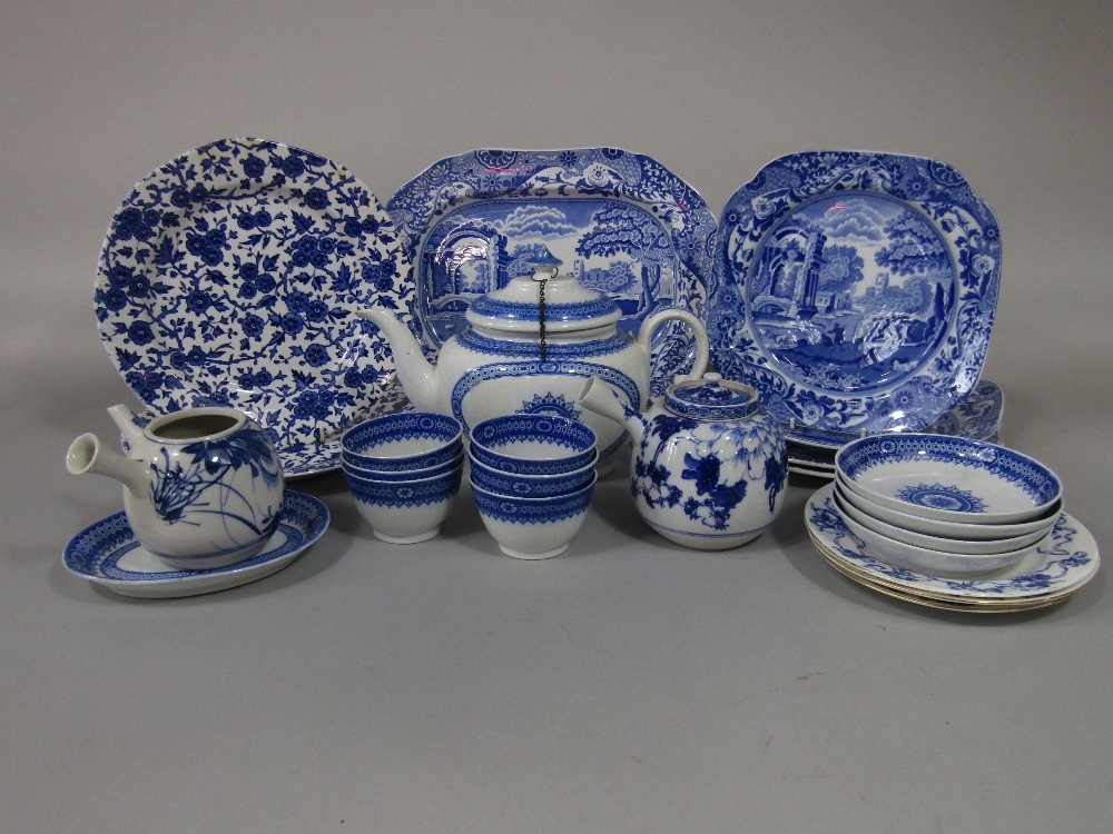 A collection of blue and white printed wares including early 19th century teawares, Copeland Spode