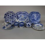 A collection of blue and white printed wares including early 19th century teawares, Copeland Spode