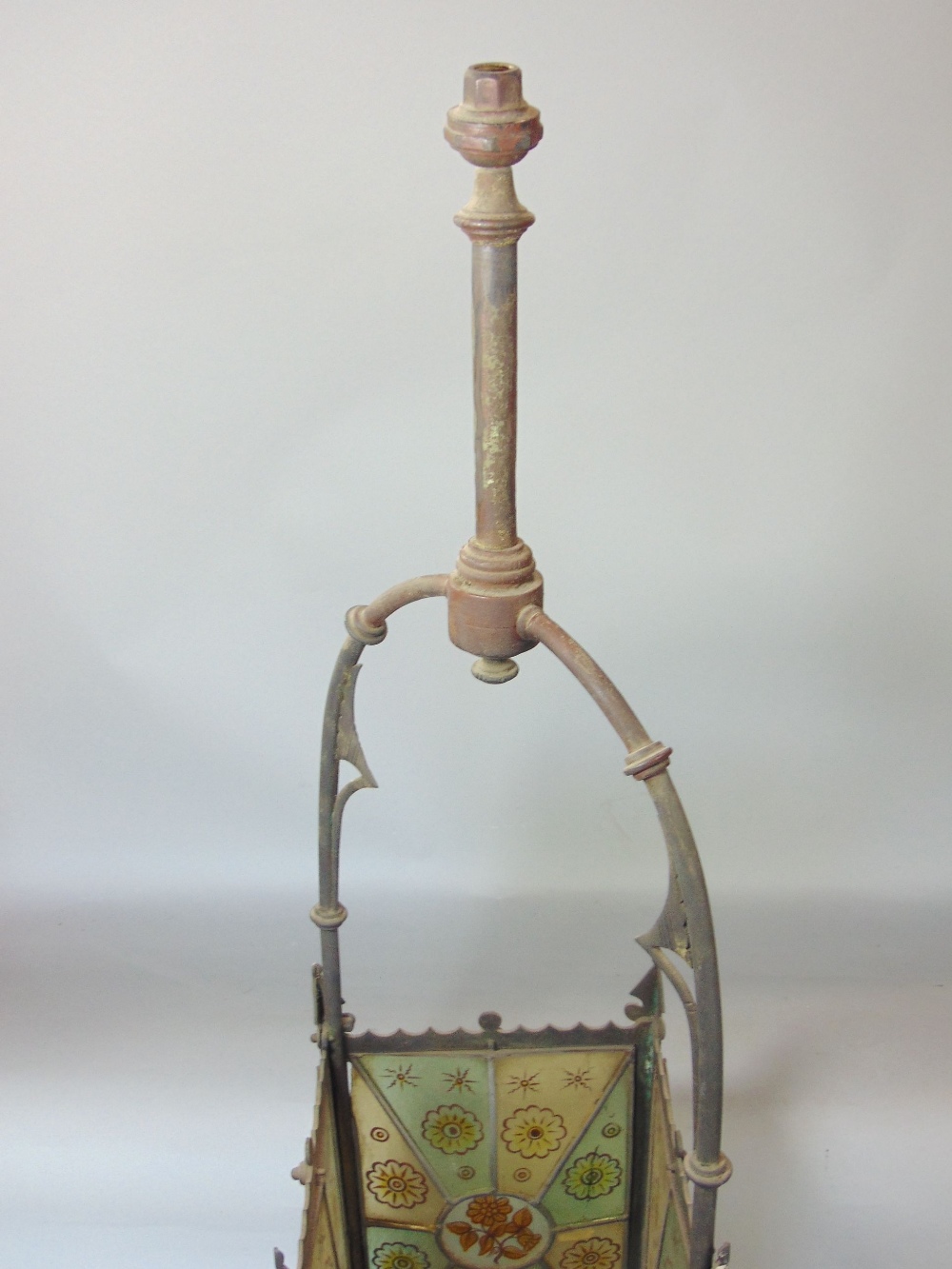 A Victorian brass framed hall lantern of square cut form with original painted leaded light panels - Image 4 of 4