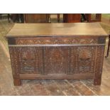 Late 17th century oak coffer, with repeating carved detail, 121cm wide