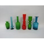 A collection of Holmguaard type glassware comprising six vases of typical form, the largest 30cm
