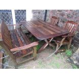 A good quality weathered teak contemporary four piece garden terrace suite comprising table of