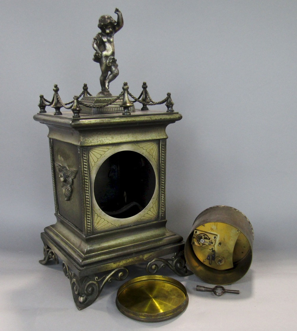 French brass cased figural mantle clock mounted by a cherub with gallery rail, twin cherub type - Image 3 of 5