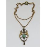 Art Nouveau 9ct turquoise and seed pearl pendant by Henry Matthews, Birmingham 1907, hung from a 9ct