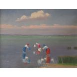 Kerchirt? (20th century eastern European school) - Extensive lake view with washer women, oil on