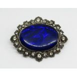 19th century style silver paste set brooch with cobalt blue enamel type panel, London 1955, makers