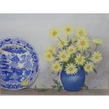 Shirley Anne Johnson (20th/21st century British) - Still life with vase of yellow daisies and blue