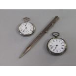 Two silver fob watches both with enamel dials, one with subsidiary second dial together with a