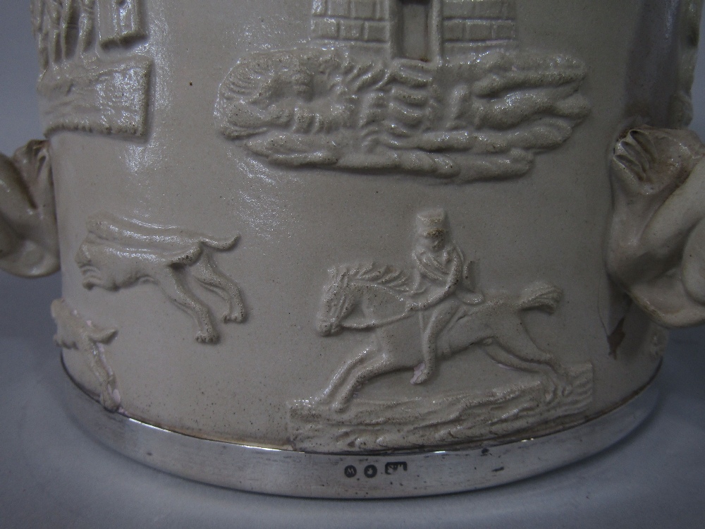 A substantial 19th century relief moulded stoneware tyg with applied sprig decoration of hounds, - Image 3 of 3