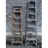 A vintage wooden folding step ladder, with seven treads, together with one other, to be sold for