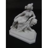 A 19th century continental bisque figure group of a female classical character riding on a big