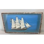 Cased diorama of a three mast sailing vessel in a deep glazed case, the case 41 x 72cm (af)