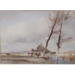 Andrew King (20th/21st century) - River landscape with cattle, watercolour on paper, signed, 25 x