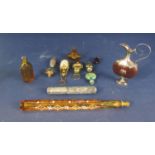 Seven 19th century perfume bottles in coloured glass, three further examples with mother of pearl