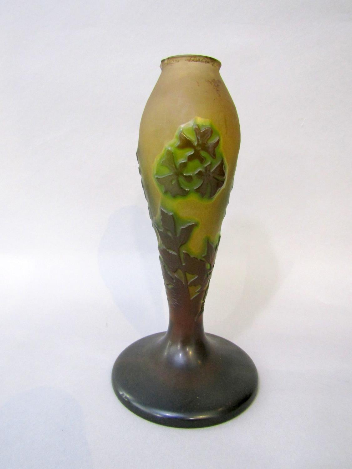 Galle French Cameo glass baluster lamp base, with olive green relief of foliage, 24 cm high (af