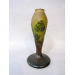 Galle French Cameo glass baluster lamp base, with olive green relief of foliage, 24 cm high (af
