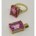 9ct pink topaz dress ring, size N and matching pendant, 15.4g total (2)