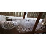 A quantity of cut glass drinking glasses, decanter and stopper, serving dish and bowl, etc (a