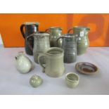 Probably Leach of St Ives - A collection of mainly celadon glazed studio pottery comprising five