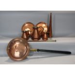 A copper warming pan, two graduated copper measures, quart, pint capacity, coaching horn and two