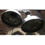 Pair of vintage industrial cast and polished aluminium pendant ceiling lights, the fitting cast
