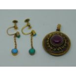 Pair of antique 9ct turquoise drop earrings with screw fastenings and a yellow metal paste set