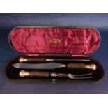 A Victorian cased set of carving tools with antler handles and embossed white metal mounts, the case