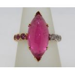 Marquise cabochon pink tourmaline and diamond ring, unmarked, tests as 18ct bi-colour gold, size