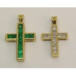 Two similar 18ct cross pendants set with princess cut stones; one set with diamonds, the other