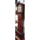 Good quality Sinclair Harding of Cheltenham twin train long case clock, the arched 9inch dial with
