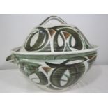 Massive Edgar Campden twin handled lidded tureen type dish, with under glazed green and brown
