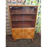 1950s oak display cabinet, the twin glazed slide doors enclosing a shelved interior over a base