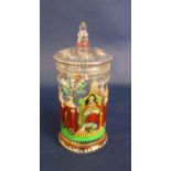 A late 19th century Bohemian glass jar and cover of cylindrical form, with printed and painted