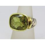 David Yurman ring in silver and 14ct gold set with a faceted yellow gemstone, size N, 10.7g