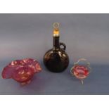 Antique amber glass moon flask with silver collar and cork stopper, 25cm high, together with two
