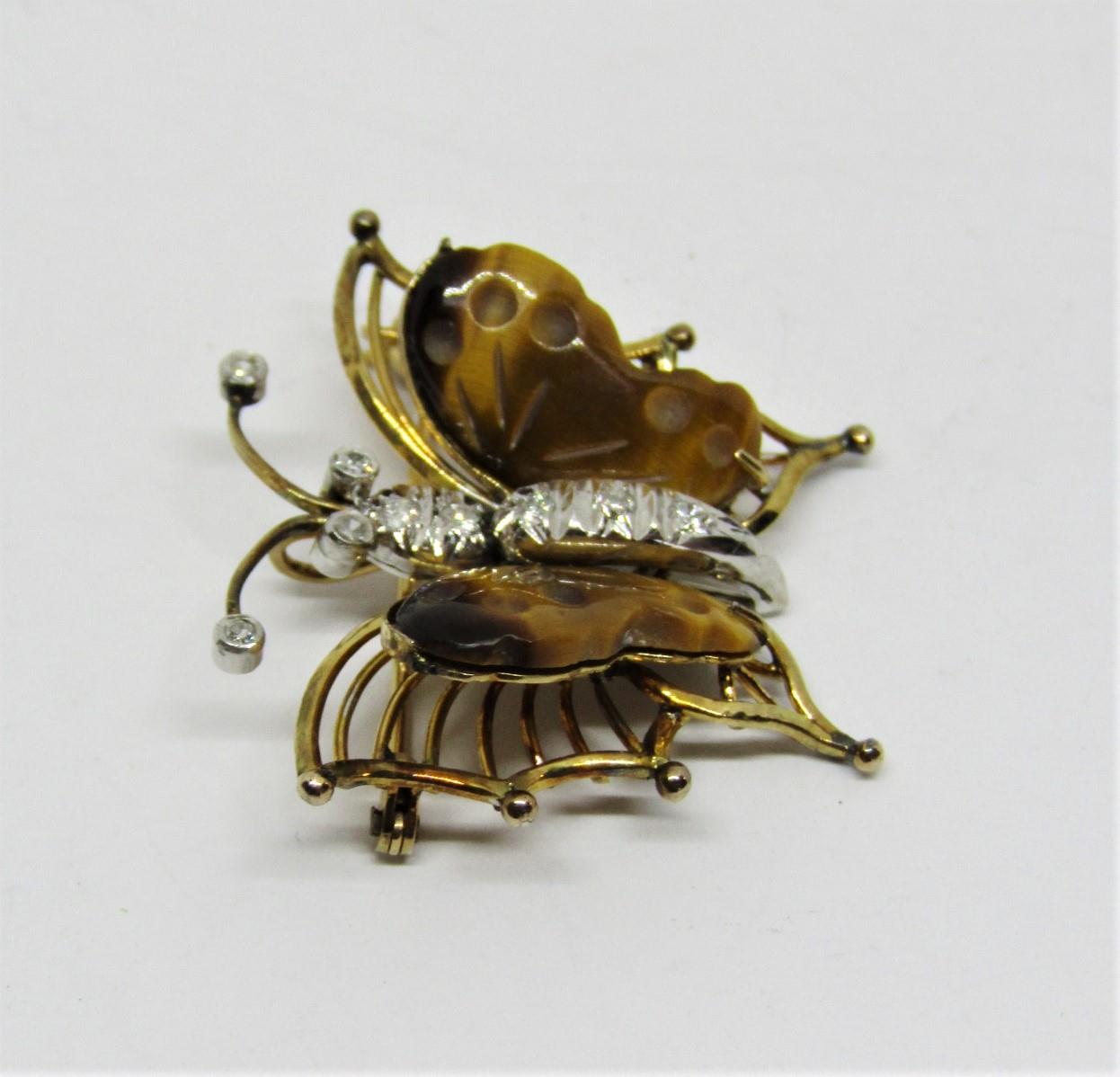14ct butterfly brooch / pendant set with diamonds and tigers eye, 3cm wide approx, 4.5g - Image 4 of 5