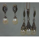 Silver pearl and marcasite pendant necklace and matching pair of drop earrings, together with a