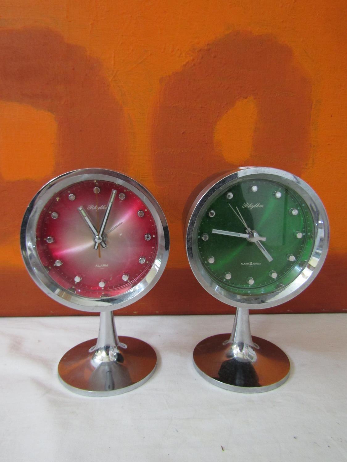 Matched pair of Rhythmn alarm clocks on chrome tulip bases together with a similar Frontier clock ( - Image 3 of 3