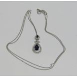 18ct white gold sapphire and diamond pendant necklace, 2.1g