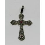 Diamond and ruby pave set cross pendant, in white and yellow metal, 6 x 3.6cm approx