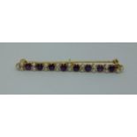 14k amethyst and seed pearl bar brooch, 5cm wide approx, 3.5g