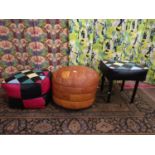 Three vintage footstools to include a tan leather pouffe, a Harlequin type pouffe and a further