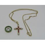 14ct cross pendant set with square rubies and circular diamonds, hung on a 9ct fine link necklace,